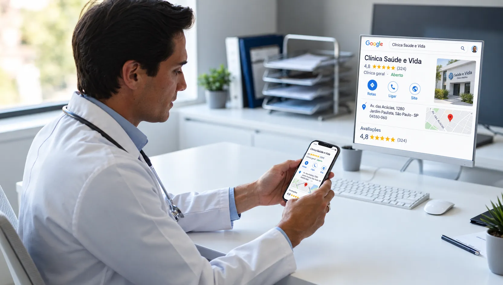 Médico vendo sua avaliação no Google